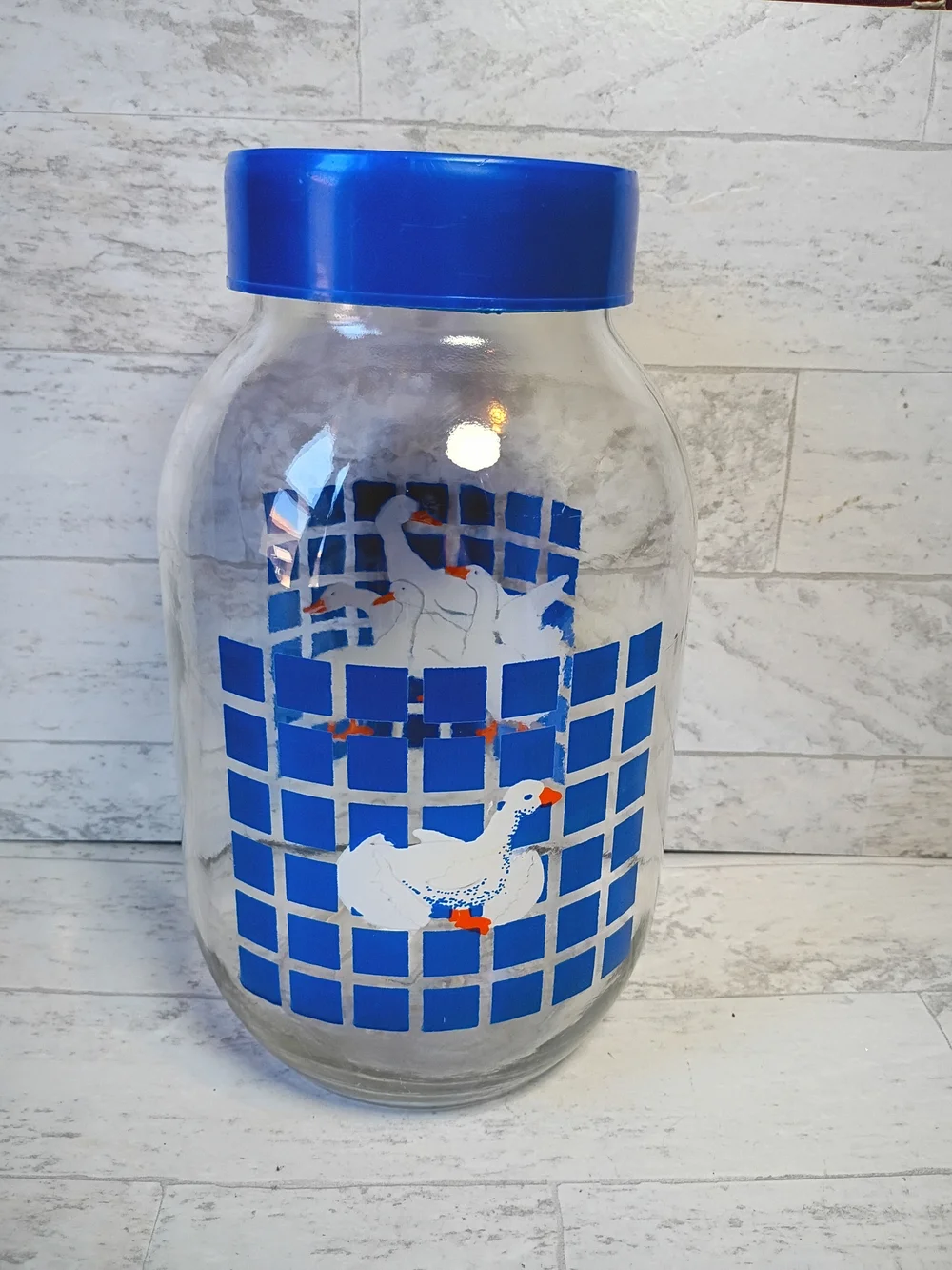 Vintage Country Geese Glass Jar with Blue Lid Carlton Glass Cottagecore- 3L